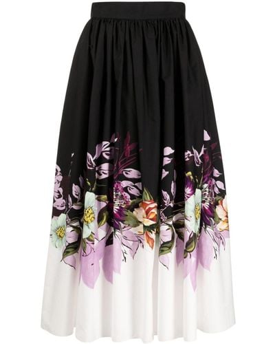Elie Saab Floral-print Poplin Organic Cotton Skirt - Black