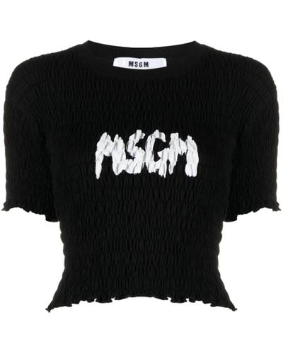 MSGM Logo-print Smocked Top - Black