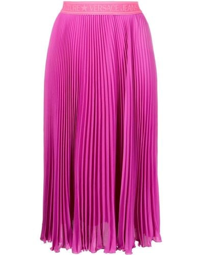 Versace Pleated Logo-waistband Midi Skirt - Pink