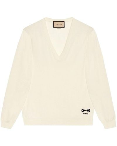 Gucci GG V-neck Wool Sweater - Natural
