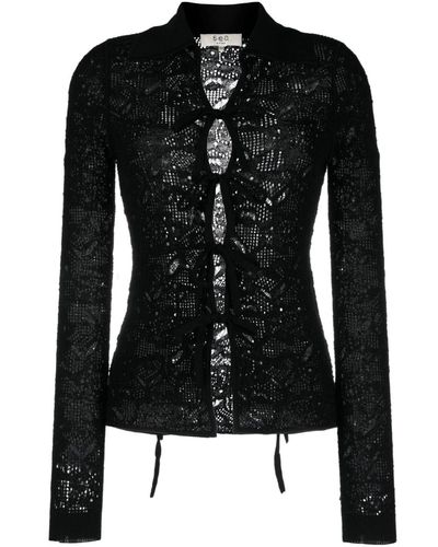 Sea Spread-collar Lace Wool Top - Black