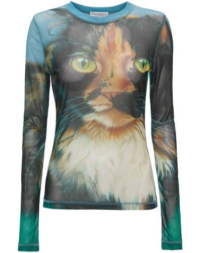 JW Anderson Cat-print Long-sleeve T-shirt - Green