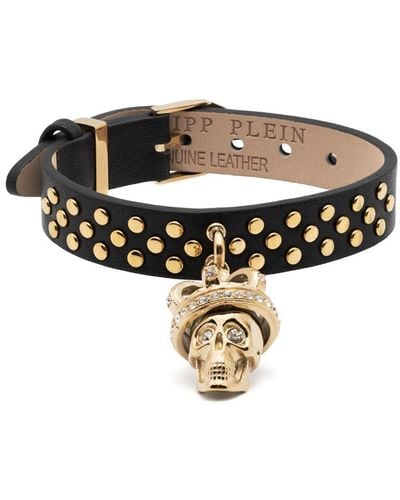 Philipp Plein Skull Crown Leather Bracelet - Black