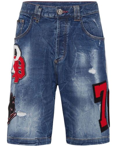 Philipp Plein Bermuda denim con effetto vissuto - Blu