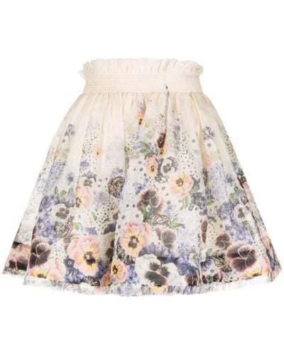 Zimmermann Floral Print Silk Blend Linen Flared Mini Skirt - Natural