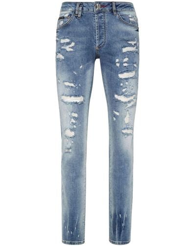 Philipp Plein Ripped-detail Stonewashed Skinny Jeans - Blue