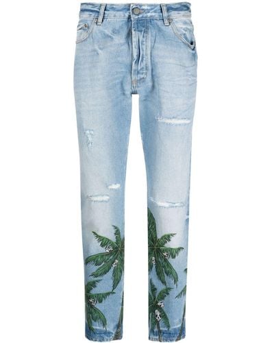 Palm Angels Jeans slim con stampa Palm Tree - Blu