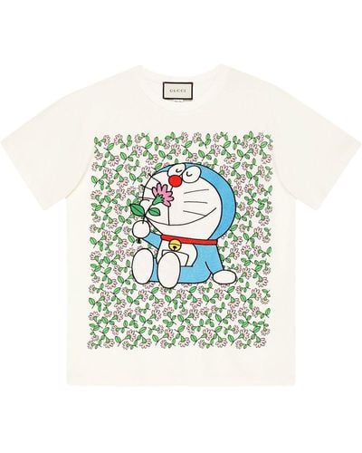 Gucci X Doraemon T-shirt Met Bloemenprint - Wit