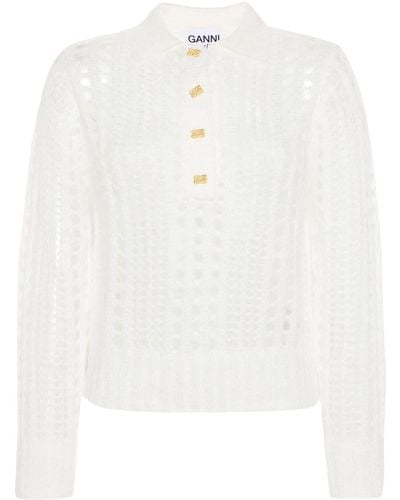 Ganni Open-knit Polo-collar Sweater - White