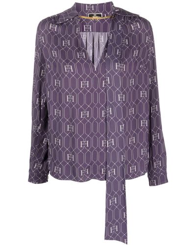 Elisabetta Franchi Logo-print Gathered Tie-neck Blouse - Purple