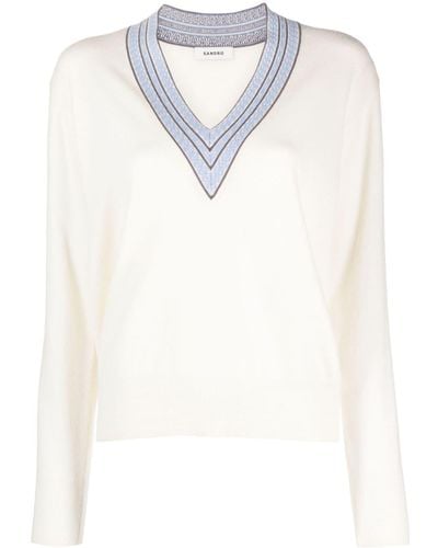Sandro Striped V-neck Sweater - White