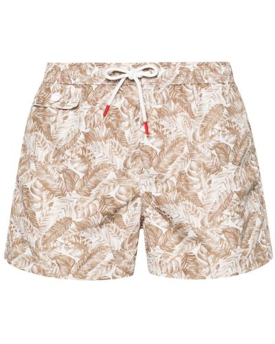 Kiton Leaf-print Swim Shorts - Natural