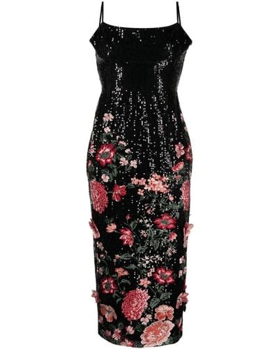 Marchesa Sequined Floral-embroidered Midi Dress - Black