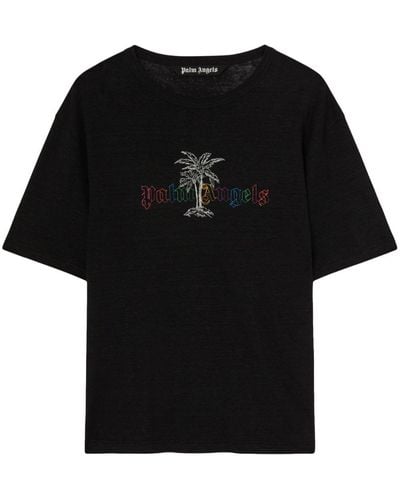 Palm Angels Graphic-print Regular-fit Cotton And Linen-blend T-shirt - Black