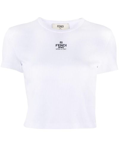Fendi Geripptes T-Shirt mit Logo-Stickerei - Weiß