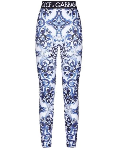 Dolce & Gabbana Blu Mediterraneo Painterly Logo Leggings - Blue