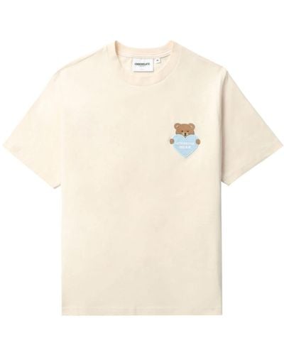 Chocoolate Chocoo Bear Embroidered Cotton T-shirt - Natural