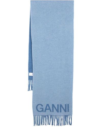 Ganni Écharpe en laine mélangée à franges - Bleu