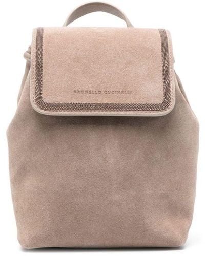 Brunello Cucinelli Beaded Suede Backpack - Natural