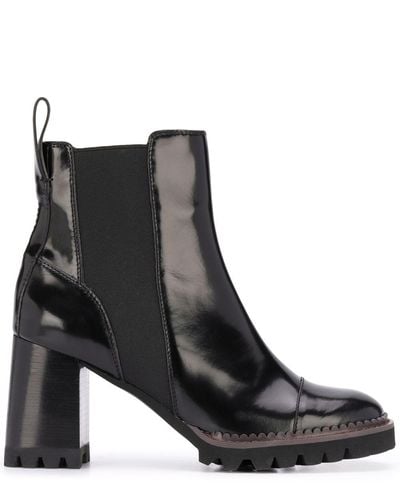 See By Chloé Leather Chunky Heel Ankle Boots - Black