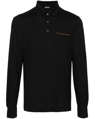 Zegna Long-Sleeve Piqué Polo Shirt - Black