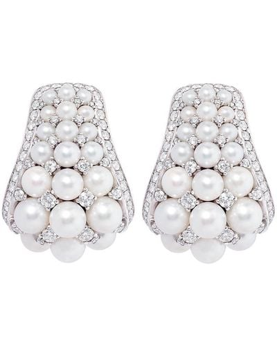 David Morris 18kt White Gold Pearl Rose Deco Diamond And Pearl Hoops Earrings