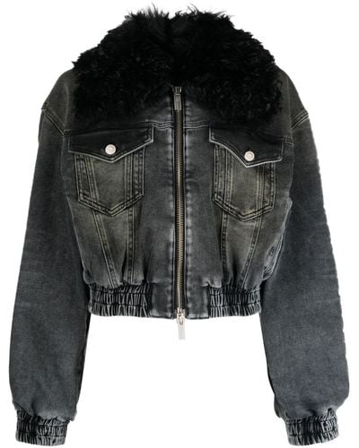 Blumarine Oversized-collar Zip-up Denim Jacket - Black
