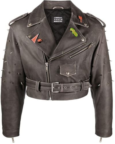 Liberal Youth Ministry Studded Leather Biker Jacket - Grey