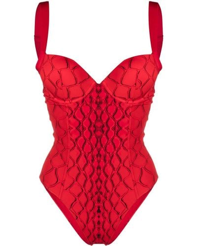 Noire Swimwear Bañador con motivo de piel de serpiente - Rojo