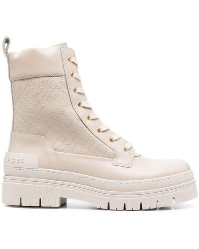 Tommy Hilfiger Logo-embroidered Lace-up Boots - Natural