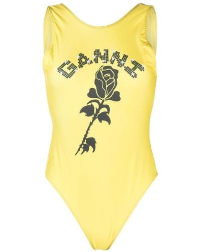 Ganni Logo-print Floral Swimsuit - Yellow