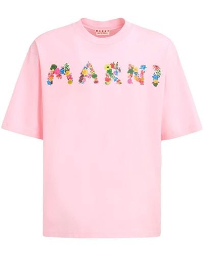 Marni Floral Logo-print Cotton T-shirt - Pink