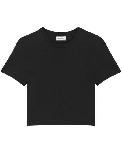 Saint Laurent Cropped Embroidered Cotton-jersey T-shirt - Black
