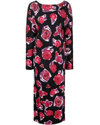 Marni Robe longue à roses imprimées - Rouge