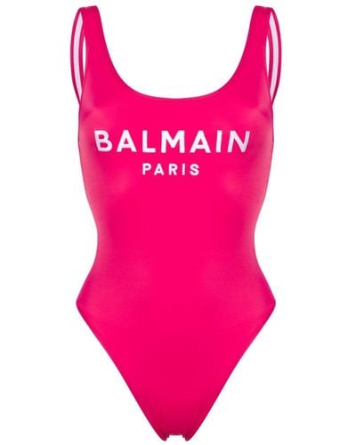 Balmain Logo-print Scoop-back Swimsuit - Pink