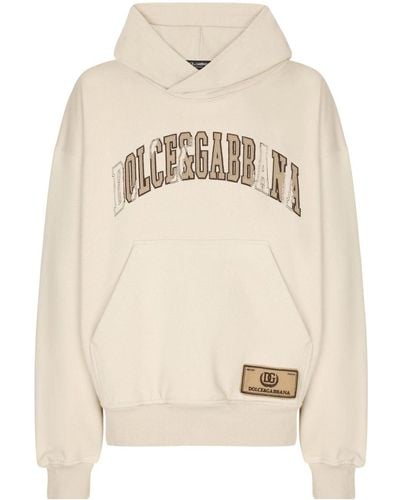 Dolce & Gabbana Logo-embroidered Cotton Hoodie - Natural