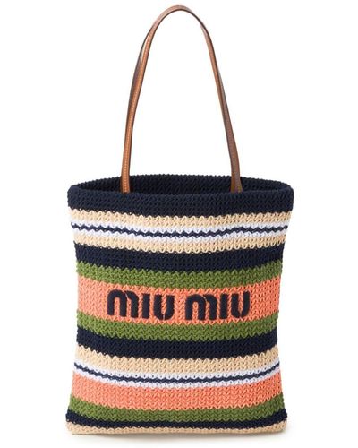 Miu Miu Sac cabas en crochet à rayures - Blanc