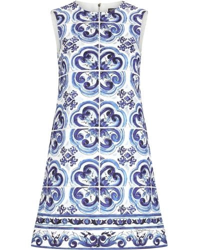 Dolce & Gabbana Kurzes Kleid Aus Brokat Majolika-Print - Blau