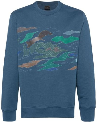 PS by Paul Smith Landscape-embroidered Cotton Sweatshirt - Blue