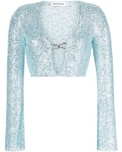 Self-Portrait Beaded Open-front Cropped Cardigan - Blue