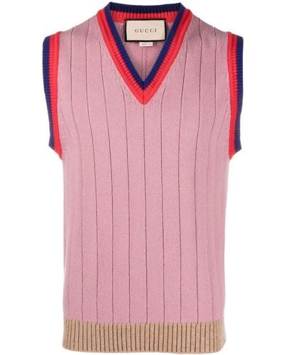 Gucci Ribbed-knit Striped-edge Vest - Pink