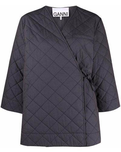 Ganni Oversized Quilted Canvas Wrap Jacket - Grey