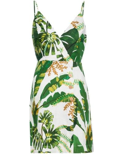 FARM Rio Linnen Mini-jurk Met Bladerprint - Groen
