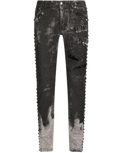 Dolce & Gabbana Distressed Studded Slim-fit Jeans - Gray