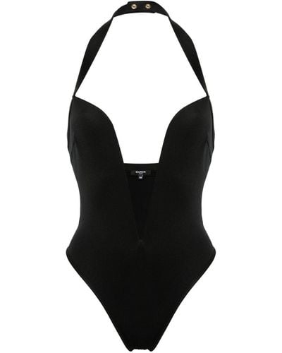 Balmain Neckholder-Badeanzug mit tiefem Ausschnitt - Schwarz