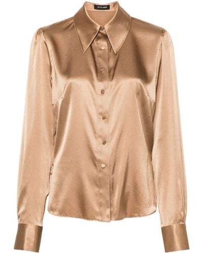 Styland Satin Oversized-collar Shirt - Natural