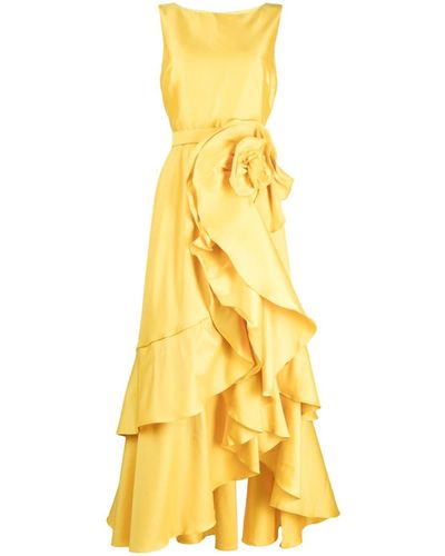 Badgley Mischka Ruffled Floral-appliqué Dress - Yellow