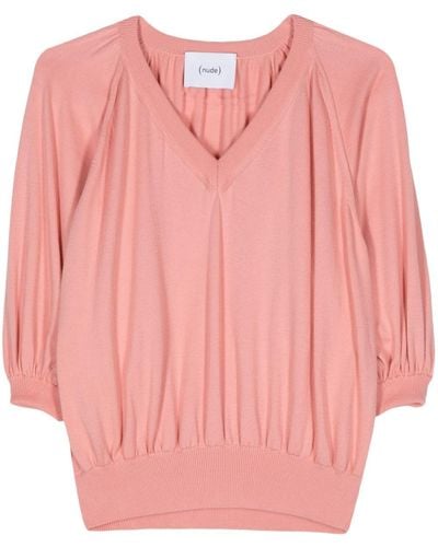 Nude Puff-sleeve Knitted Top - Pink
