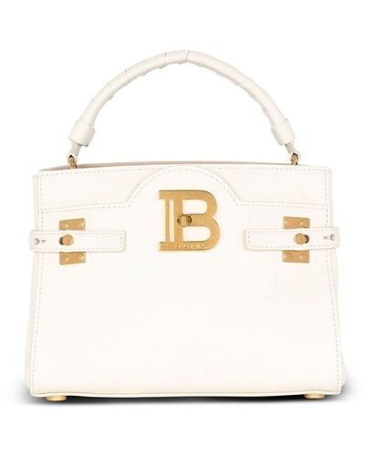 Balmain B-buzz 22 Top Handle Bag In White Grained Leather With Monogram