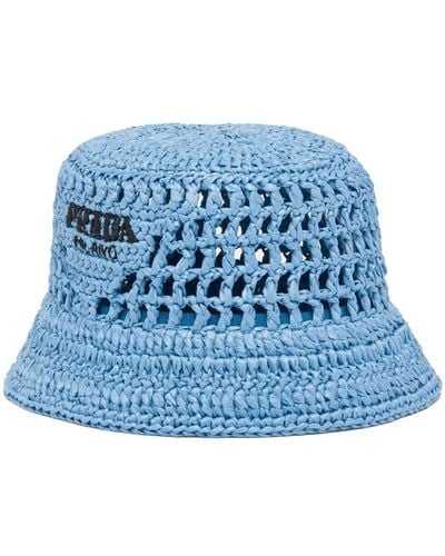 Prada Logo-embroidered Raffia Bucket Hat - Blue
